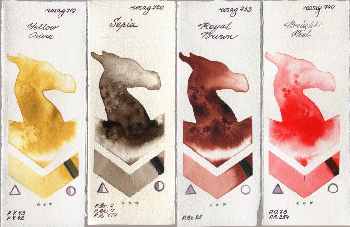 Rosa Gallery 719 Yellow Ochre vs 720 Sepia vs 753 Royal Brown vs 740 Bright Red watercolor swatch