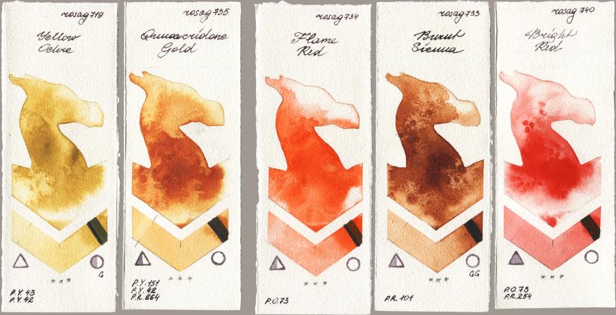 Rosa Gallery 719 Yellow Ochre, 735 Quinacridone Gold, 734 Flame Red, 733 Burnt Sienna, 740 Bright R watercolor swatch