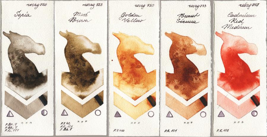 Rosa Gallery 720 Sepia vs 723 Mars Brown vs 730 Golden Yellow vs 733 Burnt Sienna vs 707 Cadmium Red Medium watercolor swatch