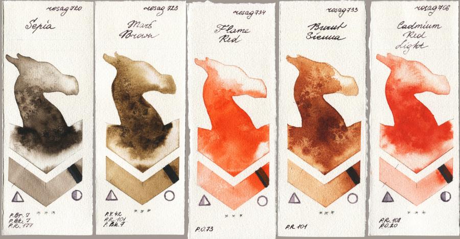Rosa Gallery 720 Sepia vs 723 Mars Brown vs 734 Flame Red vs 733 Burnt Sienna vs 706 Cadmium Red Light watercolor swatch