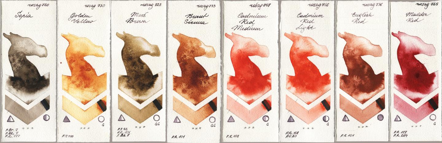 Rosa Gallery 720 Sepia, 730 Golden Yellow, 723 Mars Brown, 733 Burnt Sienna, 707 Cadmium Red Medium, 706 Cadmium Red Light, 736 English Red, 725 Madder R watercolor swatch