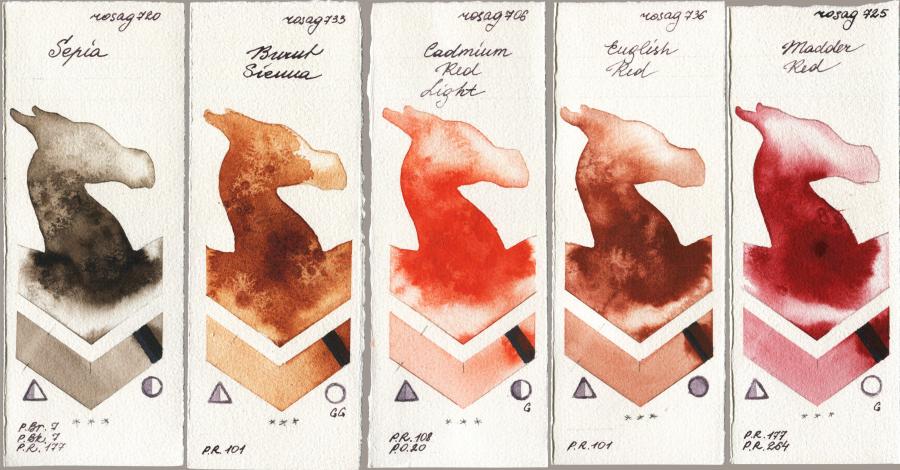 Rosa Gallery 720 Sepia, 733 Burnt Sienna, 706 Cadmium Red Light, 736 English Red, 725 Madder R watercolor swatch