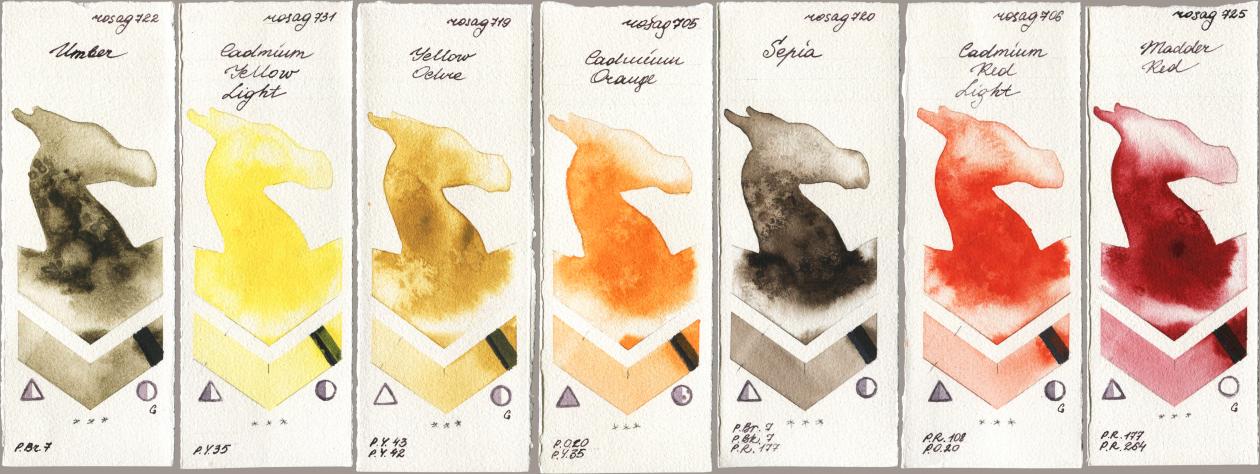 Rosa Gallery 722 Umber, 731 Cadmium Yellow Light, 719 Yellow Ochre, 705 Cadmium Orange, 720 Sepia, 706 Cadmium Red Light, 725 Madder R watercolor swatch