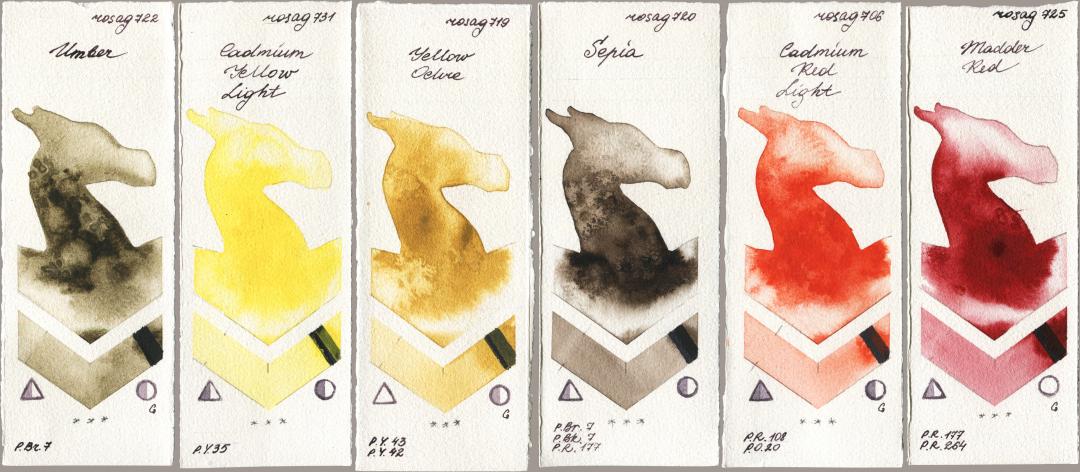 Rosa Gallery 722 Umber, 731 Cadmium Yellow Light, 719 Yellow Ochre, 720 Sepia, 706 Cadmium Red Light, 725 Madder R watercolor swatch