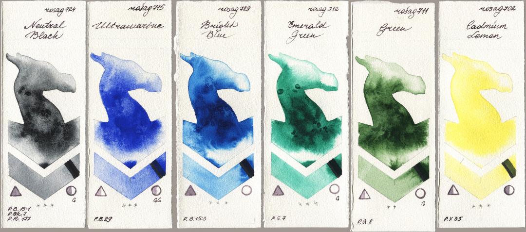 Rosa Gallery 724 Neutral Black, 715 Ultramarine, 729 Bright Blue, 712 Emerald Green, 711 Green, 702 Cadmium Lem watercolor swatch
