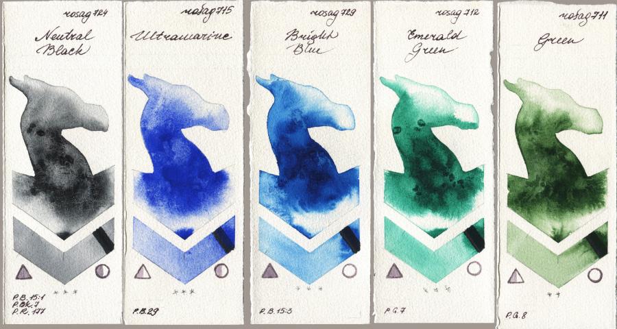 Rosa Gallery 724 Neutral Black vs 715 Ultramarine vs 729 Bright Blue vs 712 Emerald Green vs 711 Green watercolor swatch