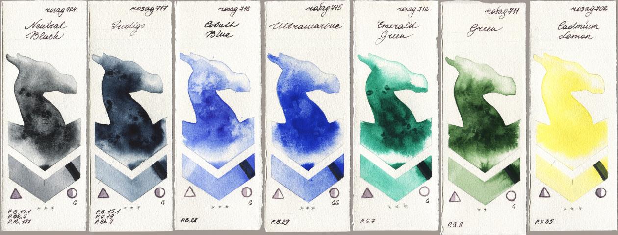 Rosa Gallery 724 Neutral Black, 717 Indigo, 716 Cobalt Blue, 715 Ultramarine, 712 Emerald Green, 711 Green, 702 Cadmium Lem watercolor swatch