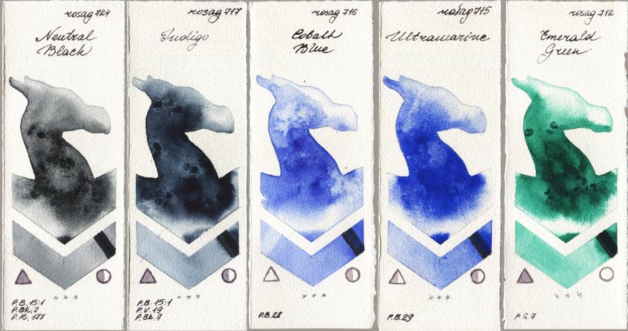 Rosa Gallery 724 Neutral Black vs 717 Indigo vs 716 Cobalt Blue vs 715 Ultramarine vs 712 Emerald Green watercolor swatch