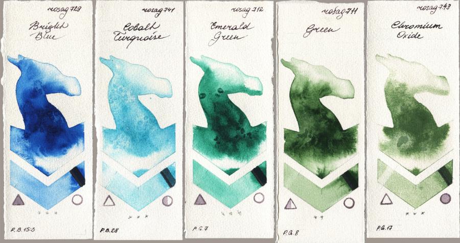 Rosa Gallery 729 Bright Blue vs 741 Cobalt Turquoise vs 712 Emerald Green vs 711 Green vs 743 Chromium Oxide watercolor swatch