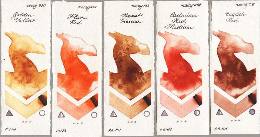 Rosa Gallery 730 Golden Yellow vs 734 Flame Red vs 733 Burnt Sienna vs 707 Cadmium Red Medium vs 736 English Red watercolor swatch