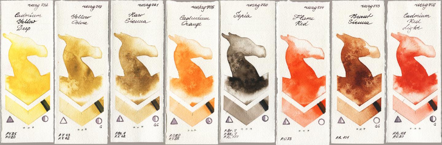 Rosa Gallery 732 Cadmium Yellow Deep, 719 Yellow Ochre, 721 Raw Sienna, 705 Cadmium Orange, 720 Sepia, 734 Flame Red, 733 Burnt Sienna, 706 Cadmium Red Lig watercolor swatch