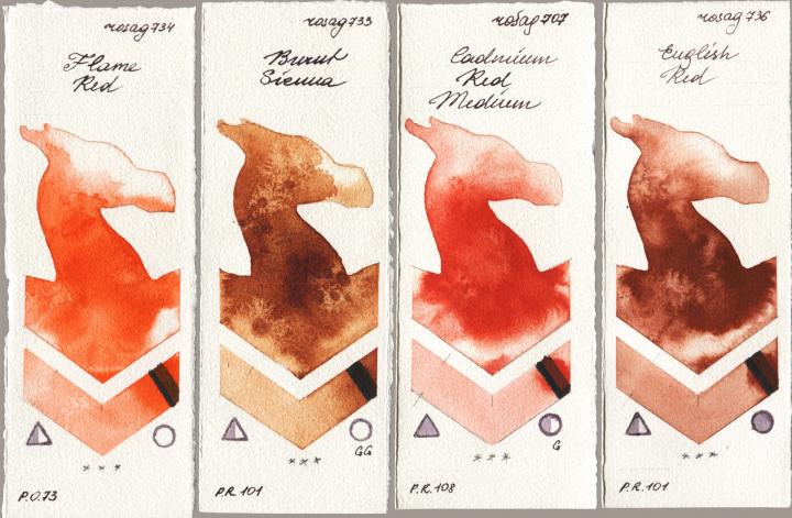 Rosa Gallery 734 Flame Red, 733 Burnt Sienna, 707 Cadmium Red Medium, 736 English R watercolor swatch