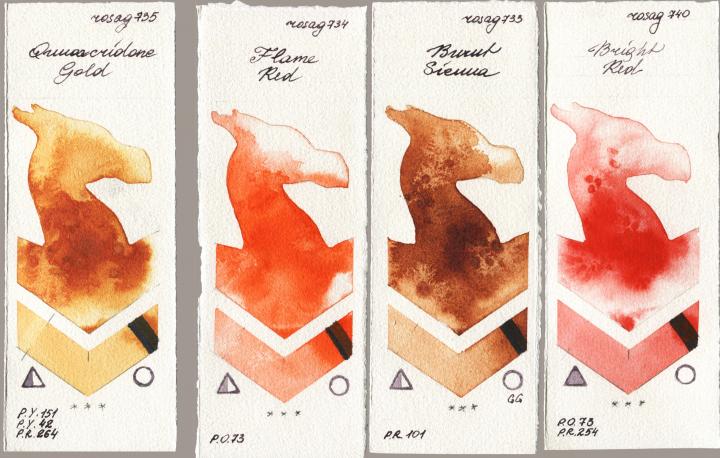 Rosa Gallery 735 Quinacridone Gold, 734 Flame Red, 733 Burnt Sienna, 740 Bright R watercolor swatch
