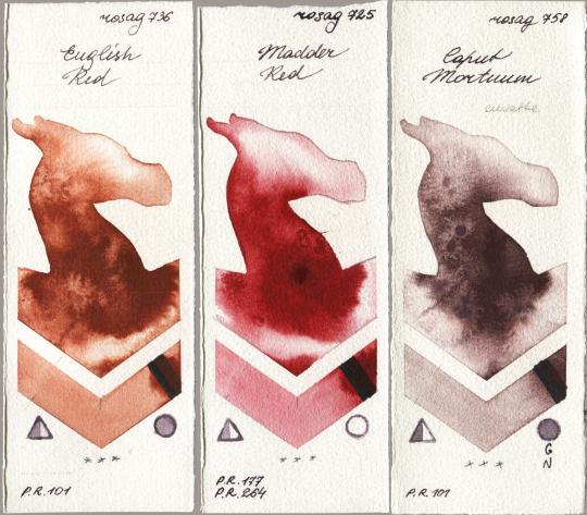 Rosa Gallery 736 English Red vs 725 Madder Red vs 758 Caput Mortuum watercolor swatch