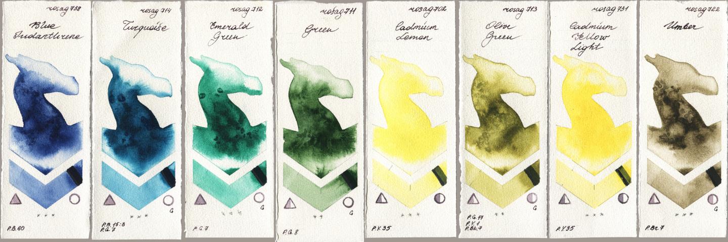 Rosa Gallery 738 Blue Indanthrene, 714 Turquoise, 712 Emerald Green, 711 Green, 702 Cadmium Lemon, 713 Olive Green, 731 Cadmium Yellow Light, 722 Umb watercolor swatch