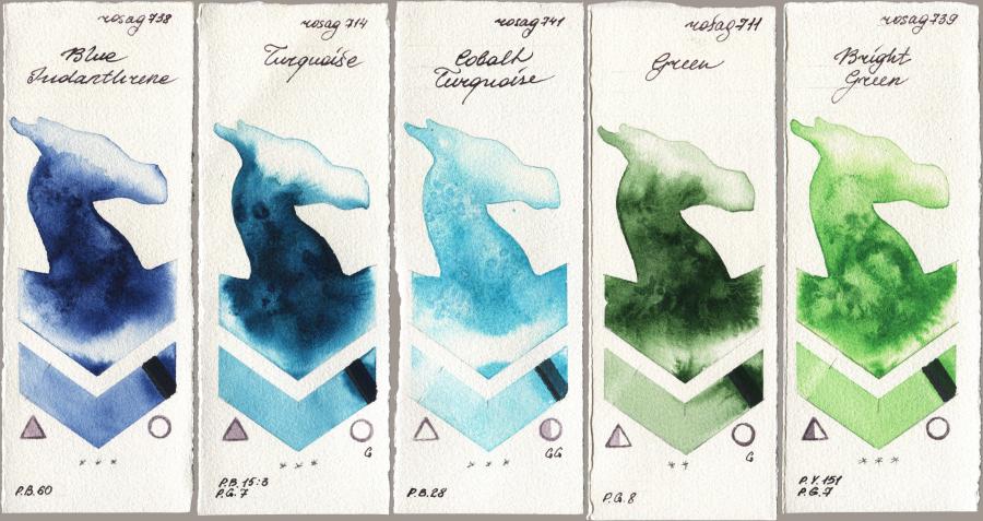 Rosa Gallery 738 Blue Indanthrene, 714 Turquoise, 741 Cobalt Turquoise, 711 Green, 739 Bright Gre watercolor swatch