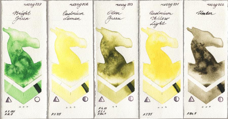 Rosa Gallery 739 Bright Green vs 702 Cadmium Lemon vs 713 Olive Green vs 731 Cadmium Yellow Light vs 722 Umber watercolor swatch