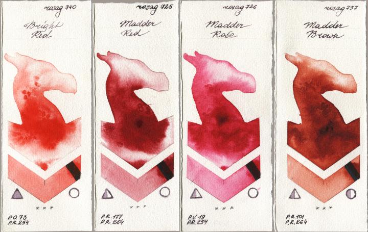 Rosa Gallery 740 Bright Red vs 725 Madder Red vs 726 Madder Rose vs 757 Madder Brown watercolor swatch