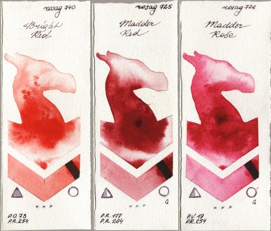 Rosa Gallery 740 Bright Red, 725 Madder Red, 726 Madder Ro watercolor swatch