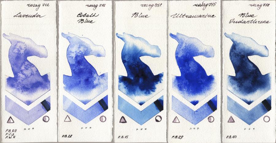 Rosa Gallery 742 Lavender vs 716 Cobalt Blue vs 718 Blue vs 715 Ultramarine vs 738 Blue Indanthrone watercolor swatch