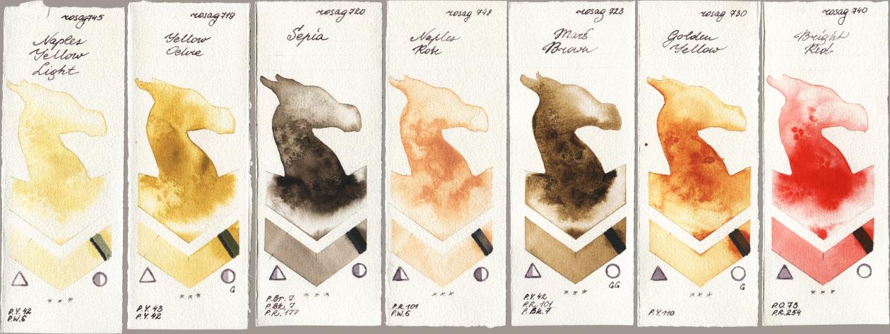 Rosa Gallery 745 Naples Yellow Light, 719 Yellow Ochre, 720 Sepia, 748 Naples Rose, 723 Mars Brown, 730 Golden Yellow, 740 Bright R watercolor swatch