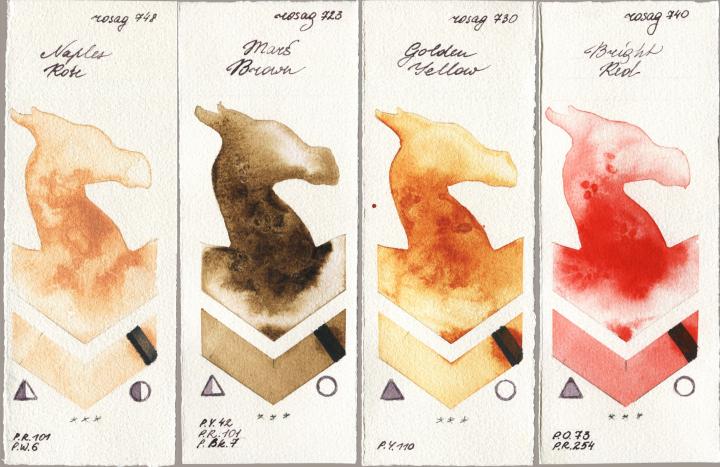 Rosa Gallery 748 Naples Rose vs 723 Mars Brown vs 730 Golden Yellow vs 740 Bright Red watercolor swatch