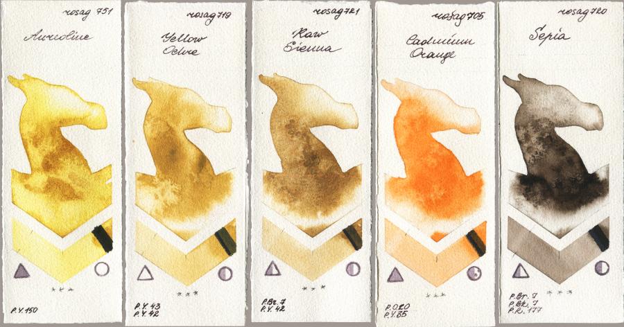 Rosa Gallery 751 Aureoline vs 719 Yellow Ochre vs 721 Raw Sienna vs 705 Cadmium Orange vs 720 Sepia watercolor swatch