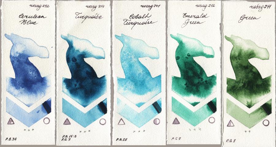 Rosa Gallery 752 Cerulean Blue vs 714 Turquiose vs 741 Cobalt Turquoise vs 712 Emerald Green vs 711 Green watercolor swatch