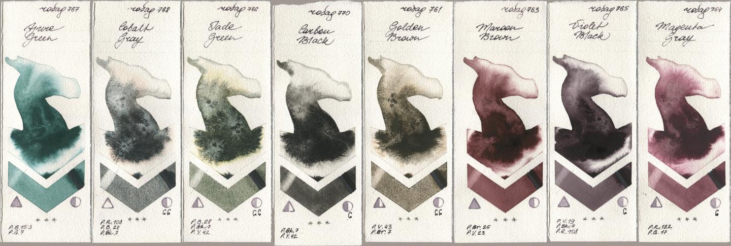 Rosa Gallery 767 Azure Green, 768 Cobalt Gray, 766 Jade Green, 770 Carbon Black, 761 Golden Brown, 763 Maroon Brown, 765 Violet Black, 764 Magenta Gr watercolor swatch