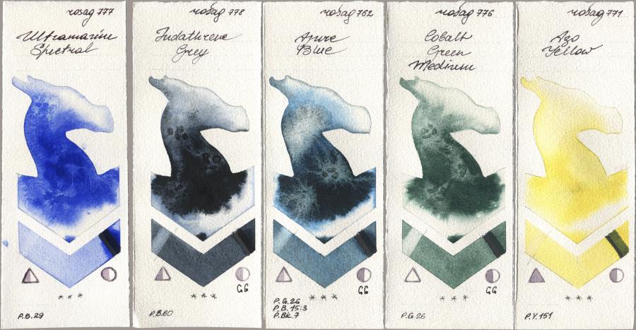 Rosa Gallery 777 Ultramarine Spectral, 778 Indanthrene Grey, 762 Azure Blue, 776 Cobalt Green Medium, 771 Azo Yell watercolor swatch