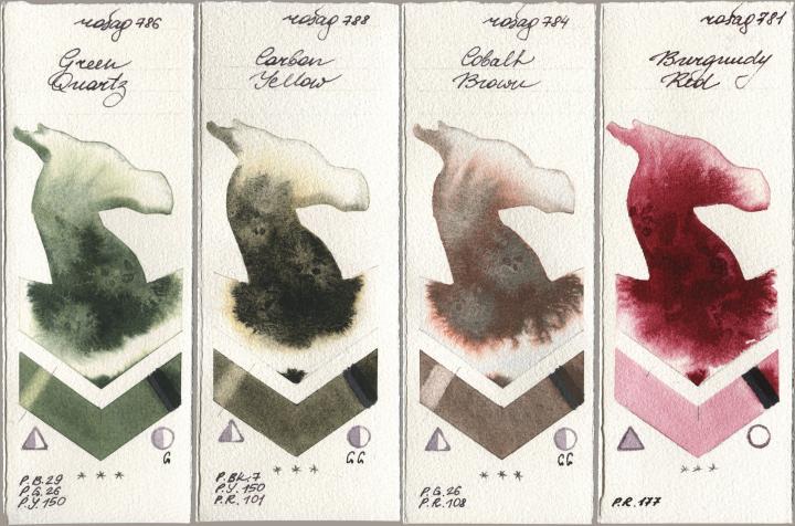 Rosa Gallery 786 Green Quartz, 788 Carbon Yellow, 784 Cobalt Brown, 781 Burgundy R watercolor swatch