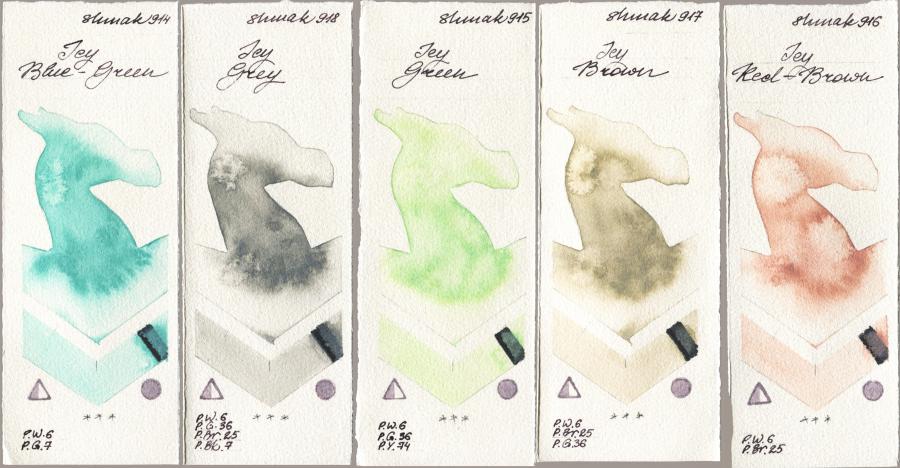 Shminke Akademie Aquarell 914 Icy Blue-Green, 918 Icy Grey, 915 Icy Green, 917 Icy Brown, 916 Icy Red-Bro watercolor swatch