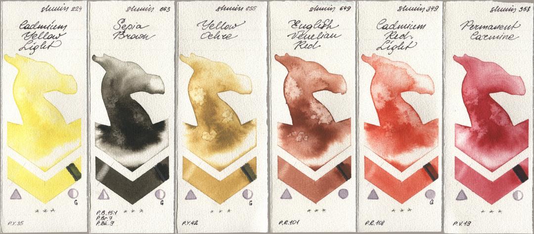 Shminke Horadam Aquarell 224 Cadmium Yellow Light, 663 Sepia Brown, 655 Yellow Ochre, 649 English Venetian Red, 349 Cadmium Red Light, 353 Permanent Carmi watercolor swatch