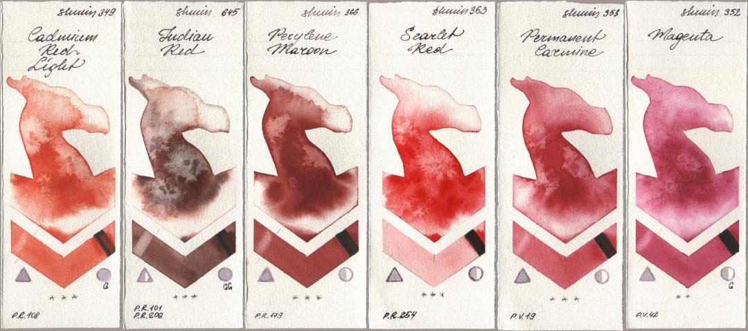 Shminke Horadam Aquarell 349 Cadmium Red Light, 645 Indian Red, 366 Perylene Maroon, 363 Scarlet Red, 353 Permanent Carmine, 352 Magen watercolor swatch