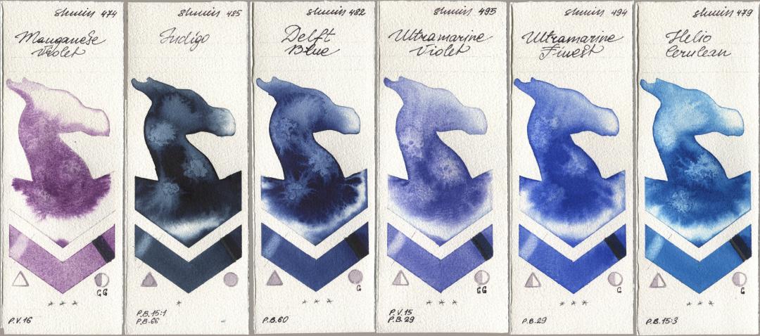 Shminke Horadam Aquarell 474 Manganese Violet, 485 Indigo, 482 Delft Blue, 495 Ultramarine Violet, 494 Ultramarine Finest, 479 Helio Cerule watercolor swatch
