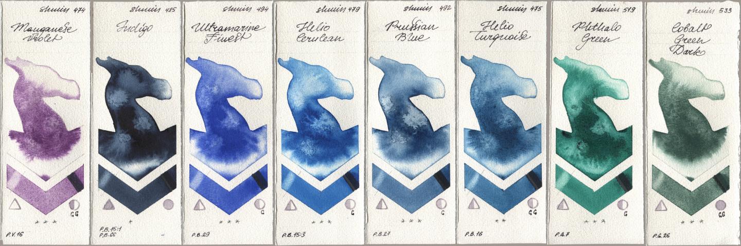 Shminke Horadam Aquarell 474 Manganese Violet, 485 Indigo, 494 Ultramarine Finest, 479 Helio Cerulean, 492 Prussian Blue, 475 Helio Turquoise, 519 Phthalo Green, 533 Cobalt Green Da watercolor swatch
