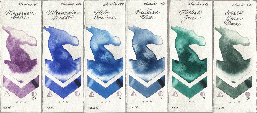 Shminke Horadam Aquarell 474 Manganese Violet, 494 Ultramarine Finest, 479 Helio Cerulean, 492 Prussian Blue, 519 Phthalo Green, 533 Cobalt Green Da watercolor swatch