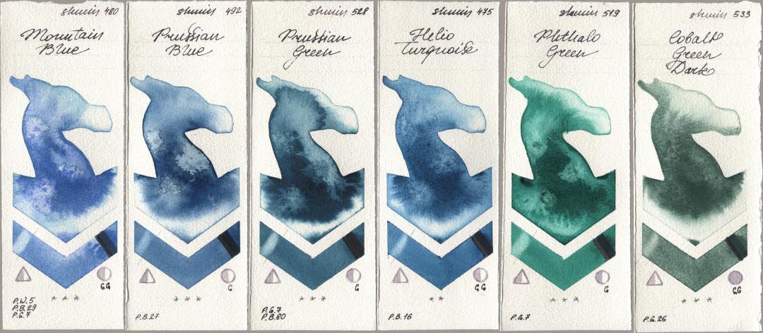 Shminke Horadam Aquarell 480 Mountain Blue, 492 Prussian Blue, 528 Prussian Green, 475 Helio Turquoise, 519 Phthalo Green, 533 Cobalt Green Da watercolor swatch