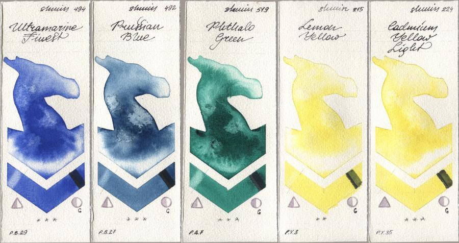 Shminke Horadam Aquarell 494 Ultramarine Finest, 492 Prussian Blue, 519 Phthalo Green, 215 Lemon Yellow, 224 Cadmium Yellow Lig watercolor swatch