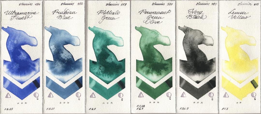 Shminke Horadam Aquarell 494 Ultramarine Finest, 492 Prussian Blue, 519 Phthalo Green, 534 Permanent Green Olive, 780 Ivory Black, 215 Lemon Yell watercolor swatch