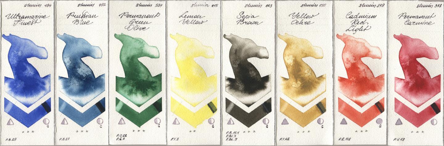 Shminke Horadam Aquarell 494 Ultramarine Finest, 492 Prussian Blue, 534 Permanent Green Olive, 215 Lemon Yellow, 663 Sepia Brown, 655 Yellow Ochre, 349 Cadmium Red Light, 353 Permanent Carmi watercolor swatch