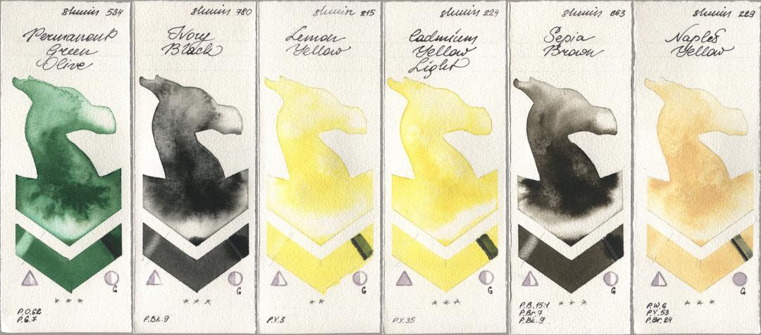 Shminke Horadam Aquarell 534 Permanent Green Olive, 780 Ivory Black, 215 Lemon Yellow, 224 Cadmium Yellow Light, 663 Sepia Brown, 229 Naples Yell watercolor swatch