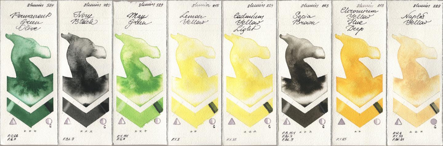 Shminke Horadam Aquarell 534 Permanent Green Olive, 780 Ivory Black, 524 May Green, 215 Lemon Yellow, 224 Cadmium Yellow Light, 663 Sepia Brown, 213 Chrome Yellow Deep LF (Chromium Yellow Hue Deep), 229 Naples Yell watercolor swatch