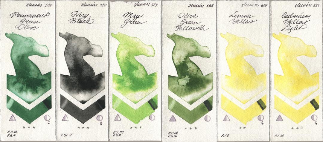 Shminke Horadam Aquarell 534 Permanent Green Olive, 780 Ivory Black, 524 May Green, 525 Olive Green Yellowish, 215 Lemon Yellow, 224 Cadmium Yellow Lig watercolor swatch