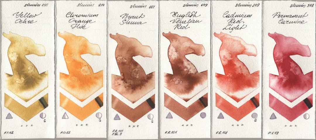 Shminke Horadam Aquarell 655 Yellow Ochre, 214 Chrome Organge LF (Chromium Orange Hue), 661 Burnt Sienna, 649 English Venetian Red, 349 Cadmium Red Light, 353 Permanent Carmi watercolor swatch