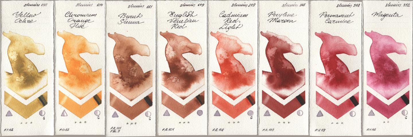 Shminke Horadam Aquarell 655 Yellow Ochre, 214 Chrome Organge LF (Chromium Orange Hue), 661 Burnt Sienna, 649 English Venetian Red, 349 Cadmium Red Light, 366 Perylene Maroon, 353 Permanent Carmine, 352 Magen watercolor swatch