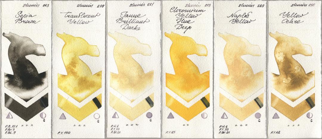 Shminke Horadam Aquarell 663 Sepia Brown, 209 Translucent Yellow, 221 Brilliant Yellow Dark (Jaune Brilliant Dark), 213 Chrome Yellow Deep LF (Chromium Yellow Hue Deep), 229 Naples Yellow, 655 Yellow Och watercolor swatch