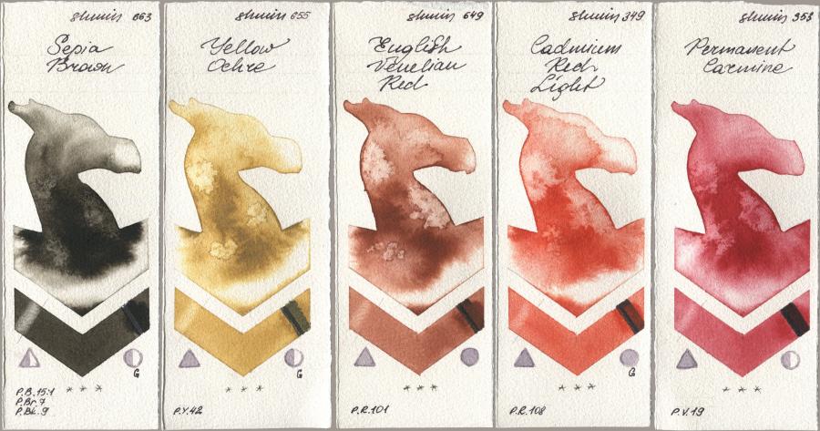 Shminke Horadam Aquarell 663 Sepia Brown, 655 Yellow Ochre, 649 English Venetian Red, 349 Cadmium Red Light, 353 Permanent Carmi watercolor swatch