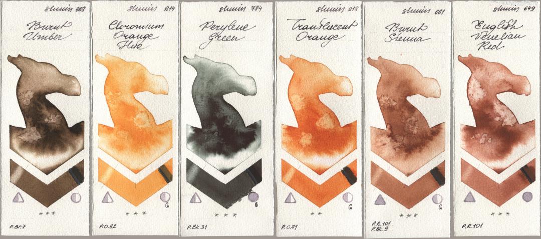 Shminke Horadam Aquarell 668 Burnt Umber, 214 Chrome Organge LF (Chromium Orange Hue), 784 Perylene Green, 218 Translucent Orange / Transparent Orange, 661 Burnt Sienna, 649 English Venetian R watercolor swatch