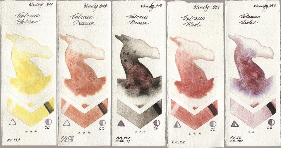 Shminke Horadam Aquarell 911 Volcano Yellow, 912 Volcano Orange, 915 Volcano Brown, 913 Volcano Red, 914 Volcano Viol watercolor swatch